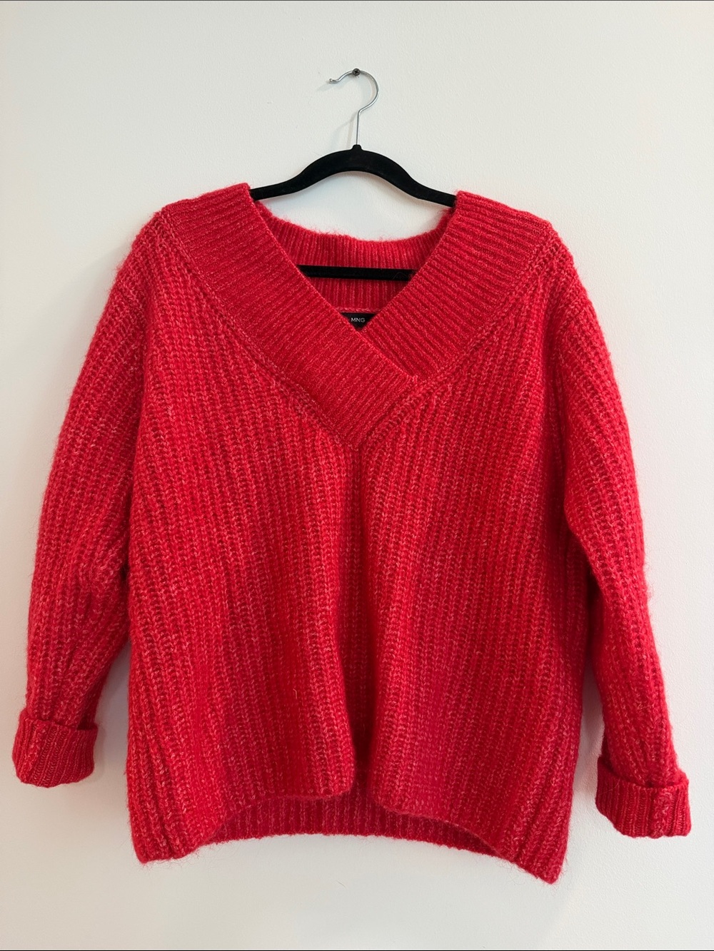 Mango Bold Red V-Neck Chunky Knit Sweater